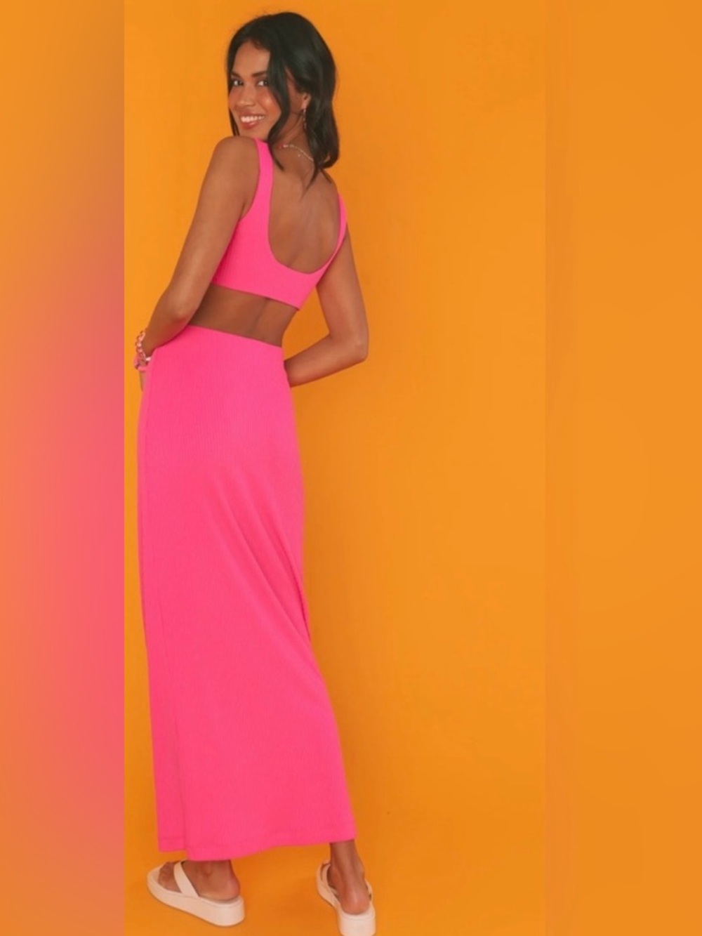 Show Me Your Mumu Womens Elle Skirt Ribbed Hot Pink Size Small Ankle Maxi Length